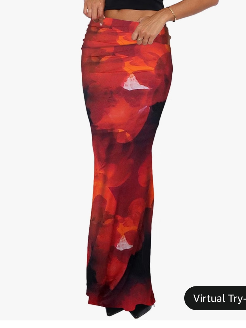 Red & Orange Floral Draped Maxi Skirt - Women's Long Silhouette